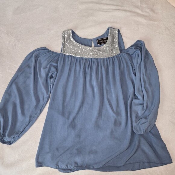 Y2K Almatrichi Blue Cold Shoulder Blouse Sequin Neckline Women’s Size S - Picture 4 of 13